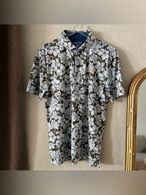 Good Good Golf Men's Polo Shirt Dark Green Floral Print Size Small